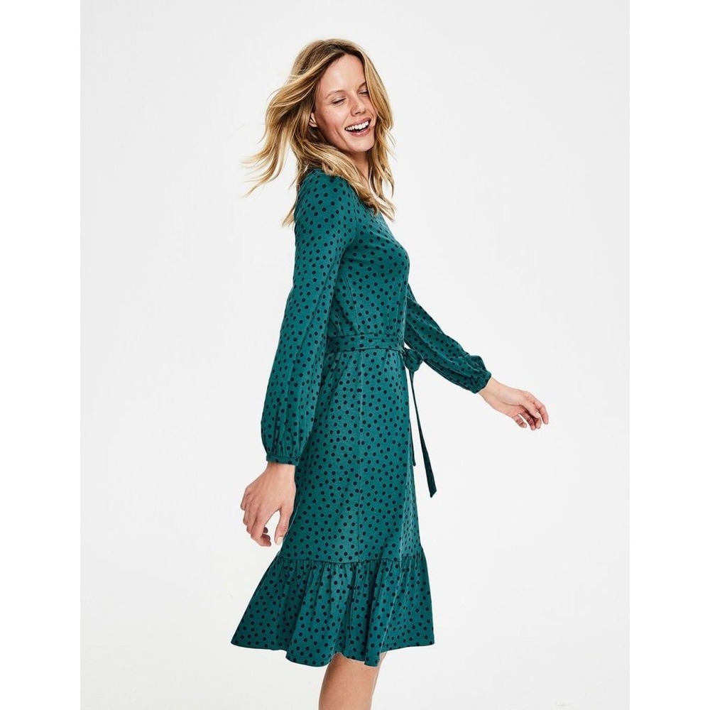Boden Womens Teal Navy Polka Dot Long Sleeve Ruffle Hem Jersey Dress US 6R J0230